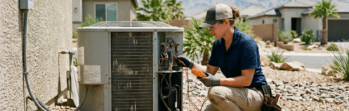 AC technician repairing an outdoor air conditioning unit in Las Vegas