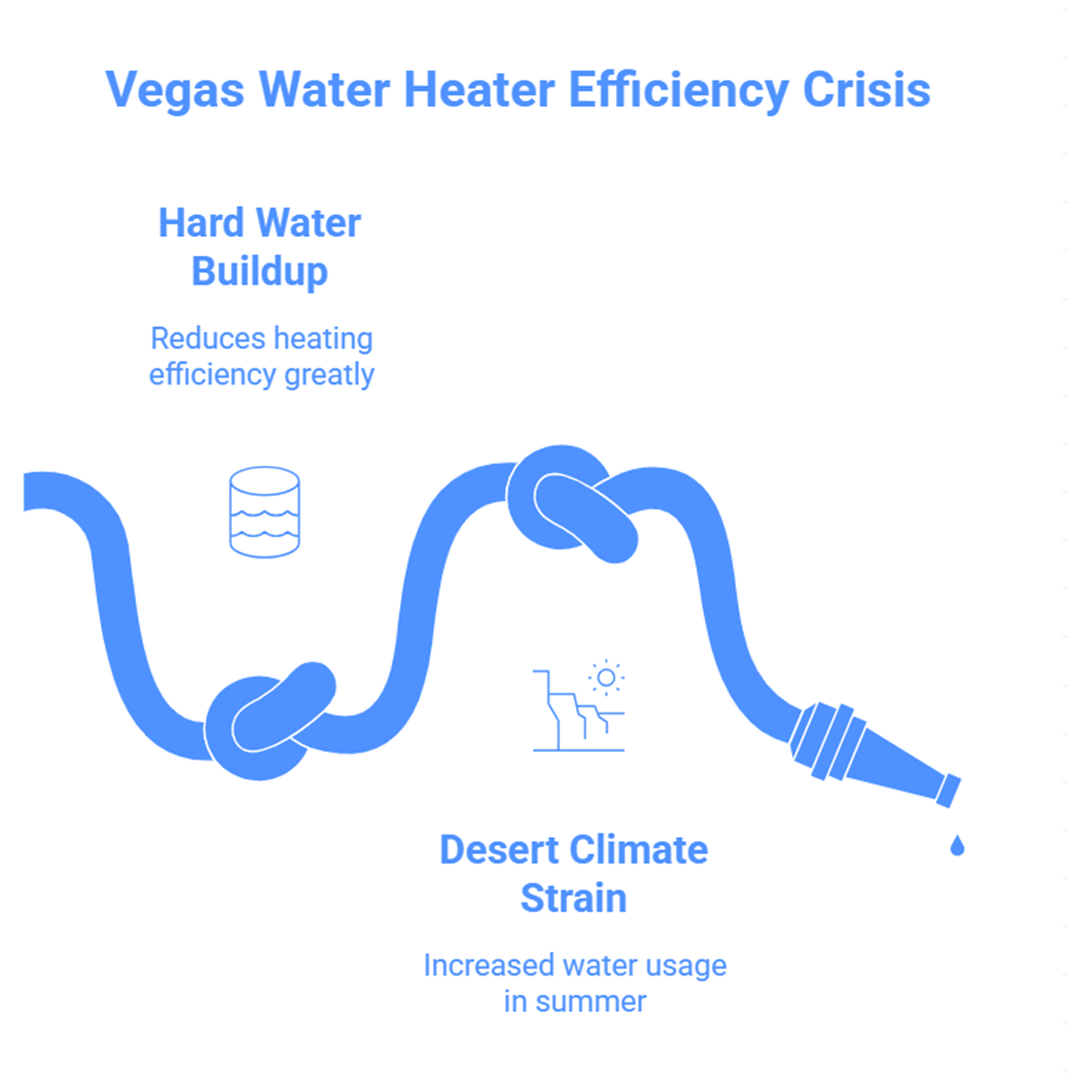 Illustration of a kinked water hose representing the Vegas water heater efficiency crisis, highlighting hard water buildup and desert climate strain.